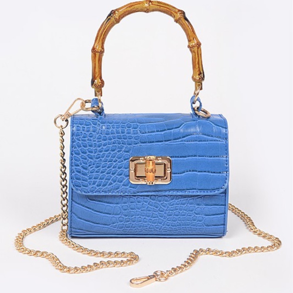 Croc Embossed Bamboo Handle Bag-Cobalt Blue